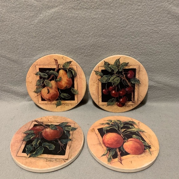 Set of 4 Fruit pattern ceramic cork bottom round coaster - Picture 4 of 4